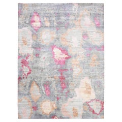 Tapis au design éclectique noué à la main, gris pierre et pure soie, 9'0" x 12'1"