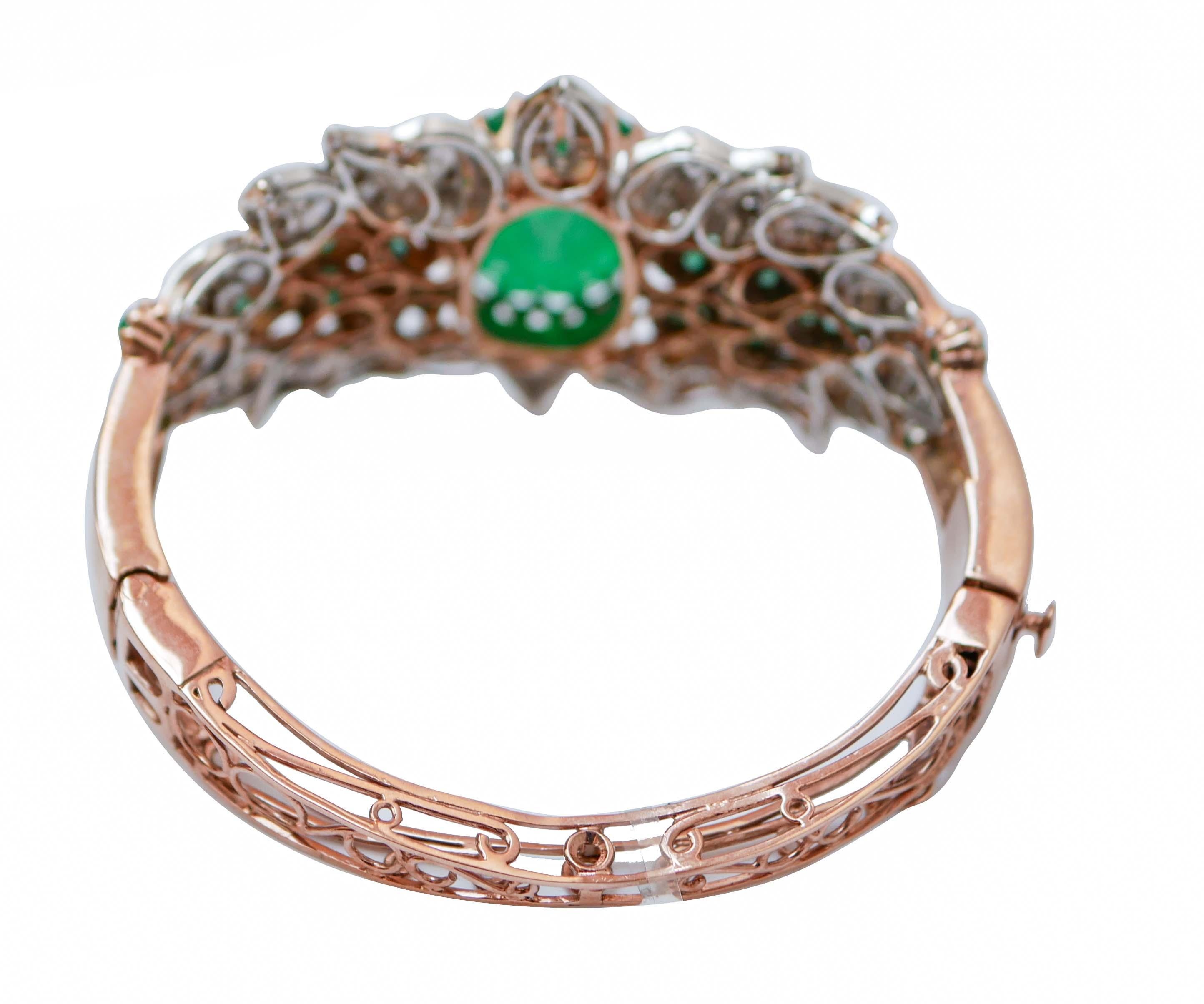 Rétro Bracelet en or rose et argent, agate verte, émeraudes, diamants en vente