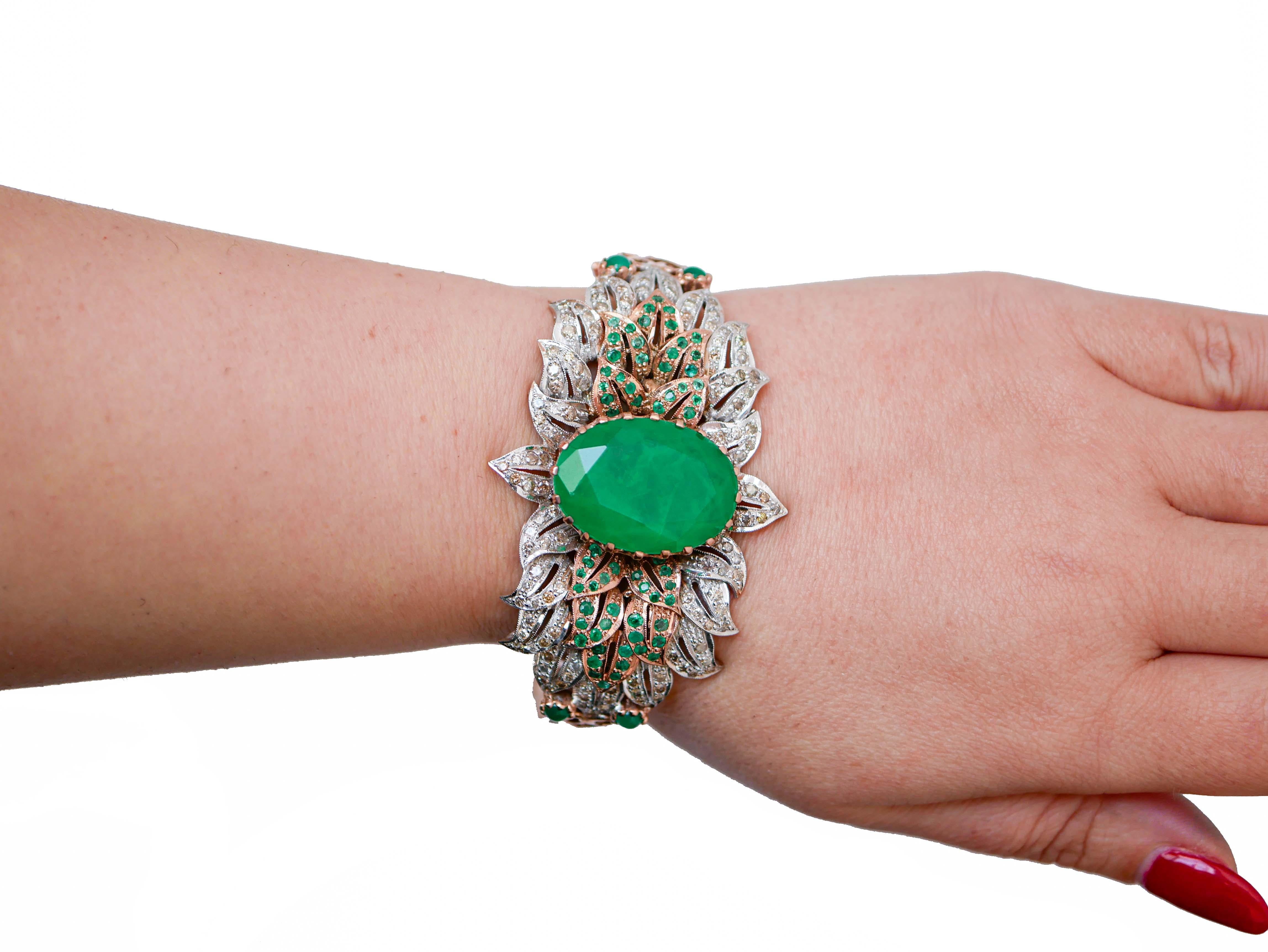 Mixed Cut Stone, Green Agate, Emeralds, Diamonds, Rose Gold and Silver Bracelet. For Sale