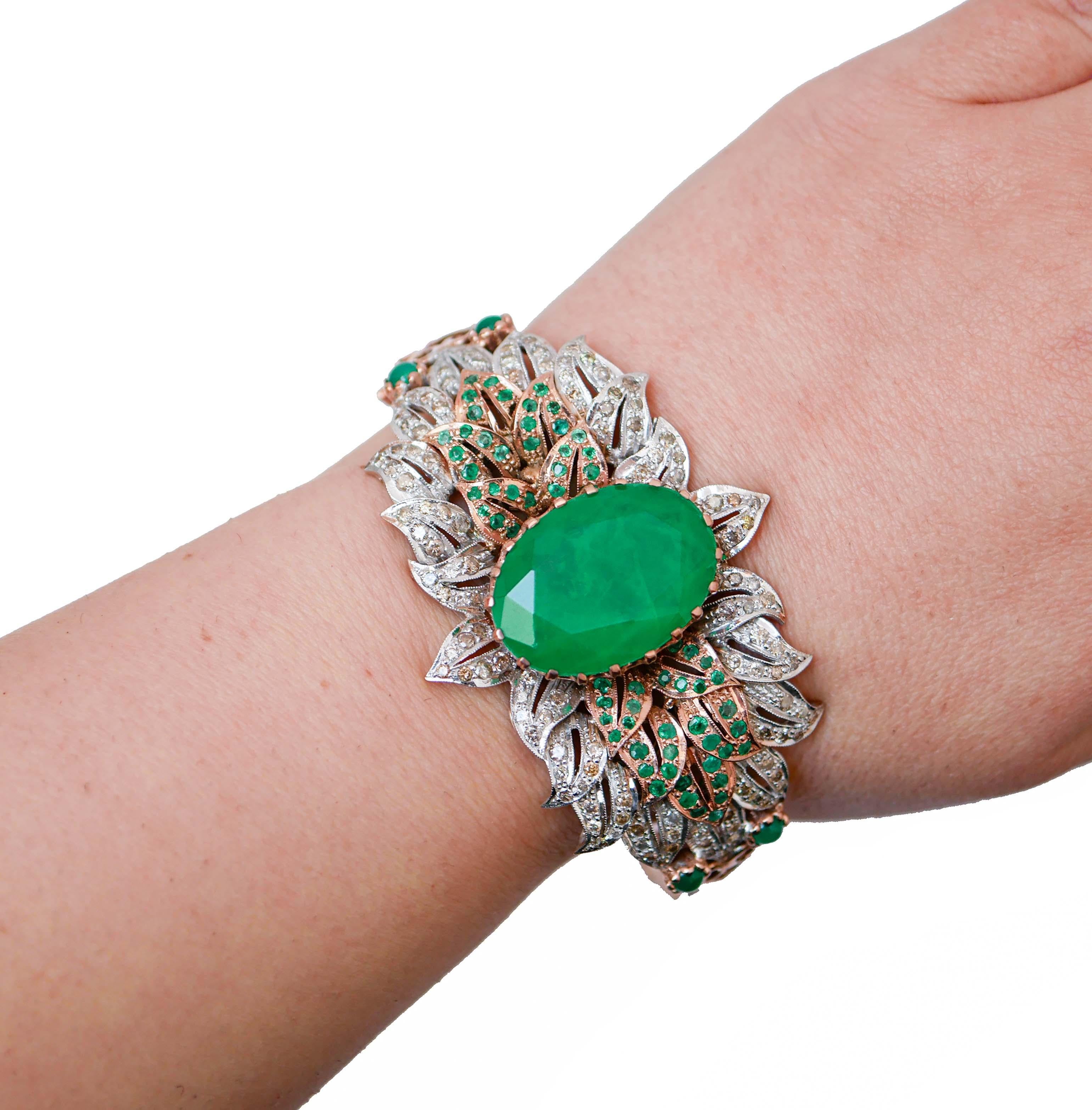 Stone, Green Agate, Emeralds, Diamonds, Rose Gold and Silver Bracelet. In Good Condition For Sale In Marcianise, Marcianise (CE)