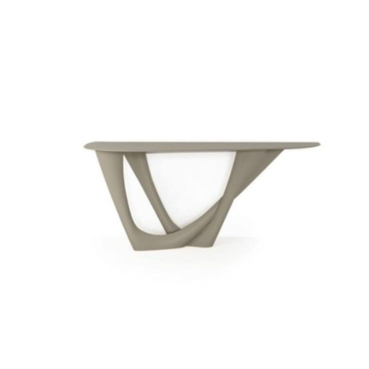 Stone Grey G-Console Duo Steel Base and Top by Zieta
Dimensions: D 56 x W 168 x H 75 cm 
Material: Steel.
Also available in different colors and dimensions.

G-Console is another bionic object in our collection. Created for smaller spaces, it gives