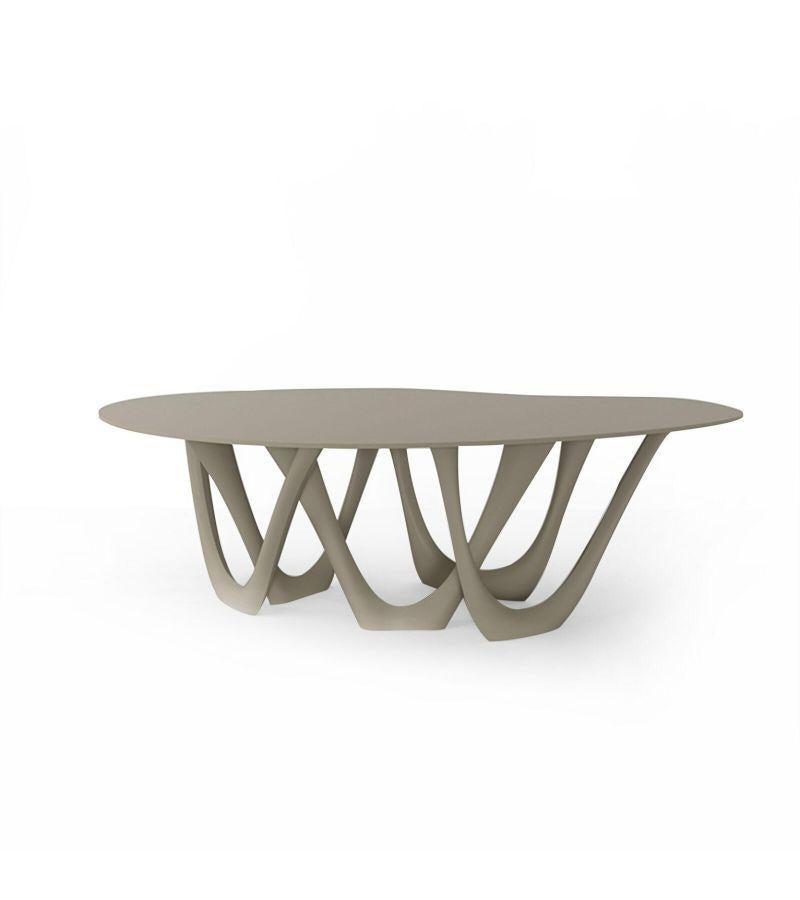 Stone grey steel G-Table by Zieta
Dimensions: D 110 x W 220 x H 75 cm 
Material: Carbon steel. 
Finish: Powder-Coated.
Available in colors: Beige, Black/Brown, Black glossy, Blue-grey, Concrete grey, Graphite, Gray Beige, Gray-Blue, Moss Grey, Olive