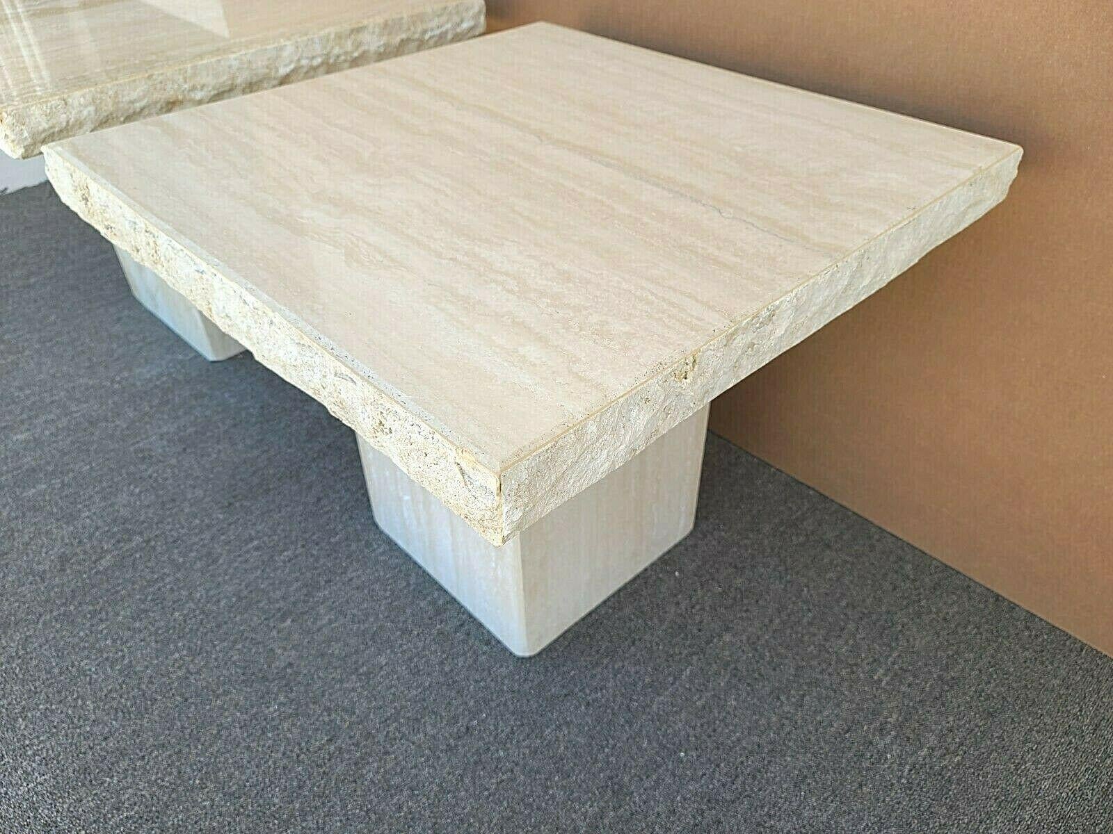 Offering One Of Our Recent Palm Beach Estate Fine Furniture Acquisitions Of 
A Pair of Signed 1970's Post Modern MCM STONE INTERNATIONAL Italian Polished Travertine Live Edge Marble Side End Tables
With large secret compartments inside the tops of