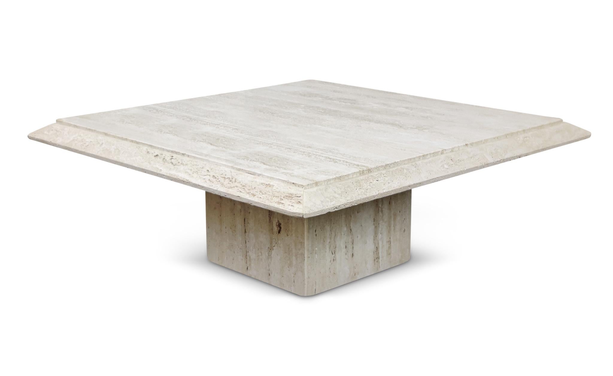 An amazing set of filled and polished tops, travertine-marble tables, with natural and porous travertine edging. The simplicity of the design and surface treatments is what makes this set a classic example of strong and stoic Italian Minimalist