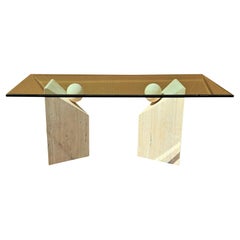 STONE INTERNATIONAL S. P. A. Italian Travertine Marble & Glass Dining Table 