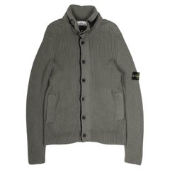 Stone Island Men's XL Khaki Wool Knit Cardigan with Concealed Hood