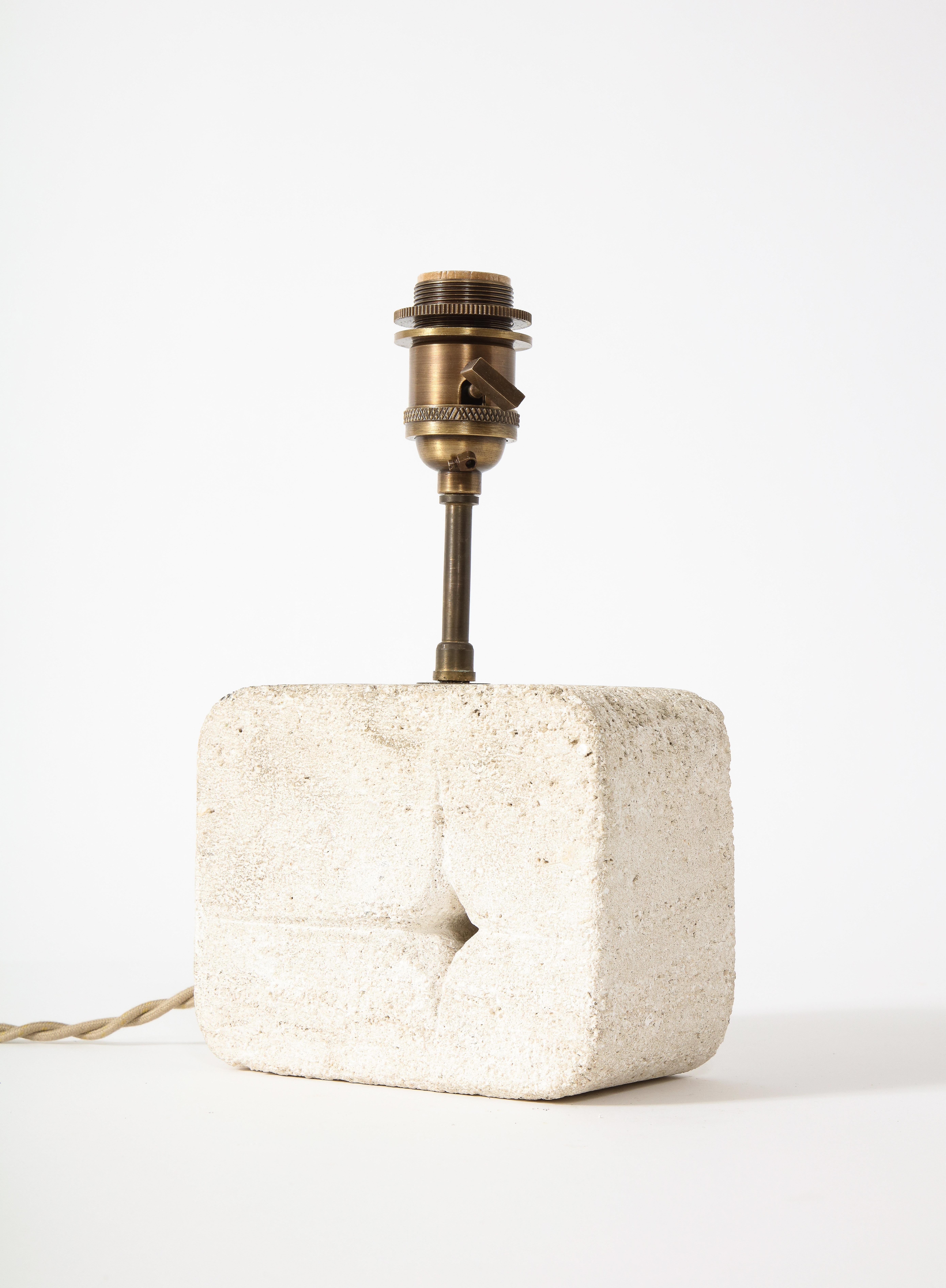 Hand-Carved Tormos Small Limestone Table Lamp with Perforation Detail, France 1960's For Sale