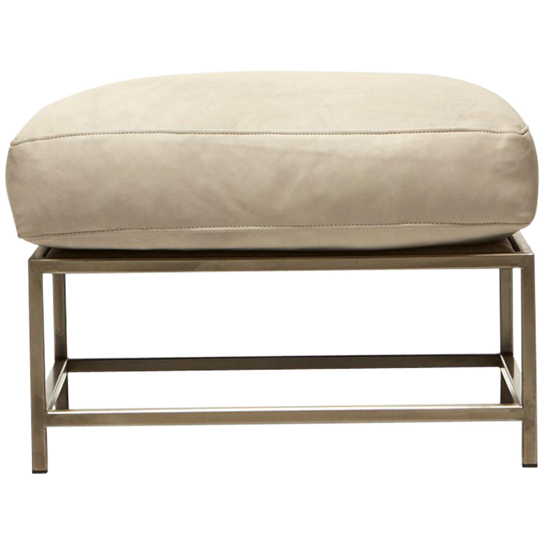 Stone Leather and Antique Nickel Ottoman For Sale