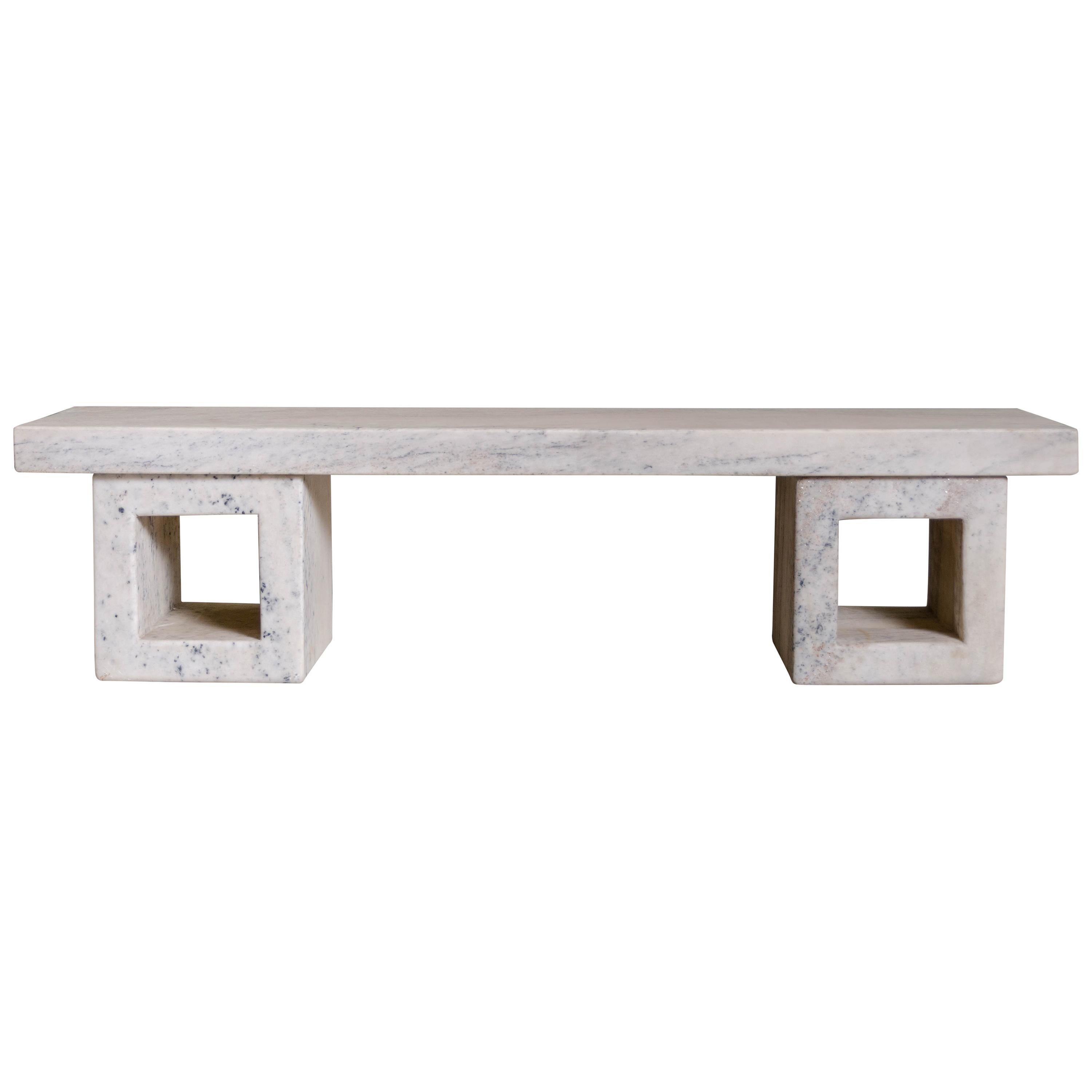 Stone Marble Bench with Square Bases by Robert Kuo, Hand Carved, Limited Edition