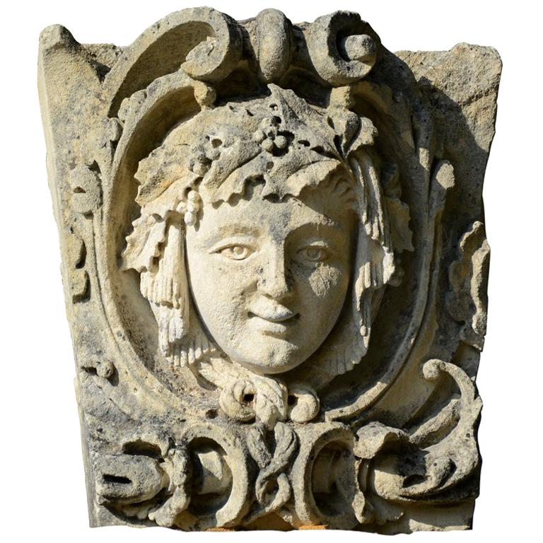 Stone Mascaron Representing a Woman, 19th Century For Sale