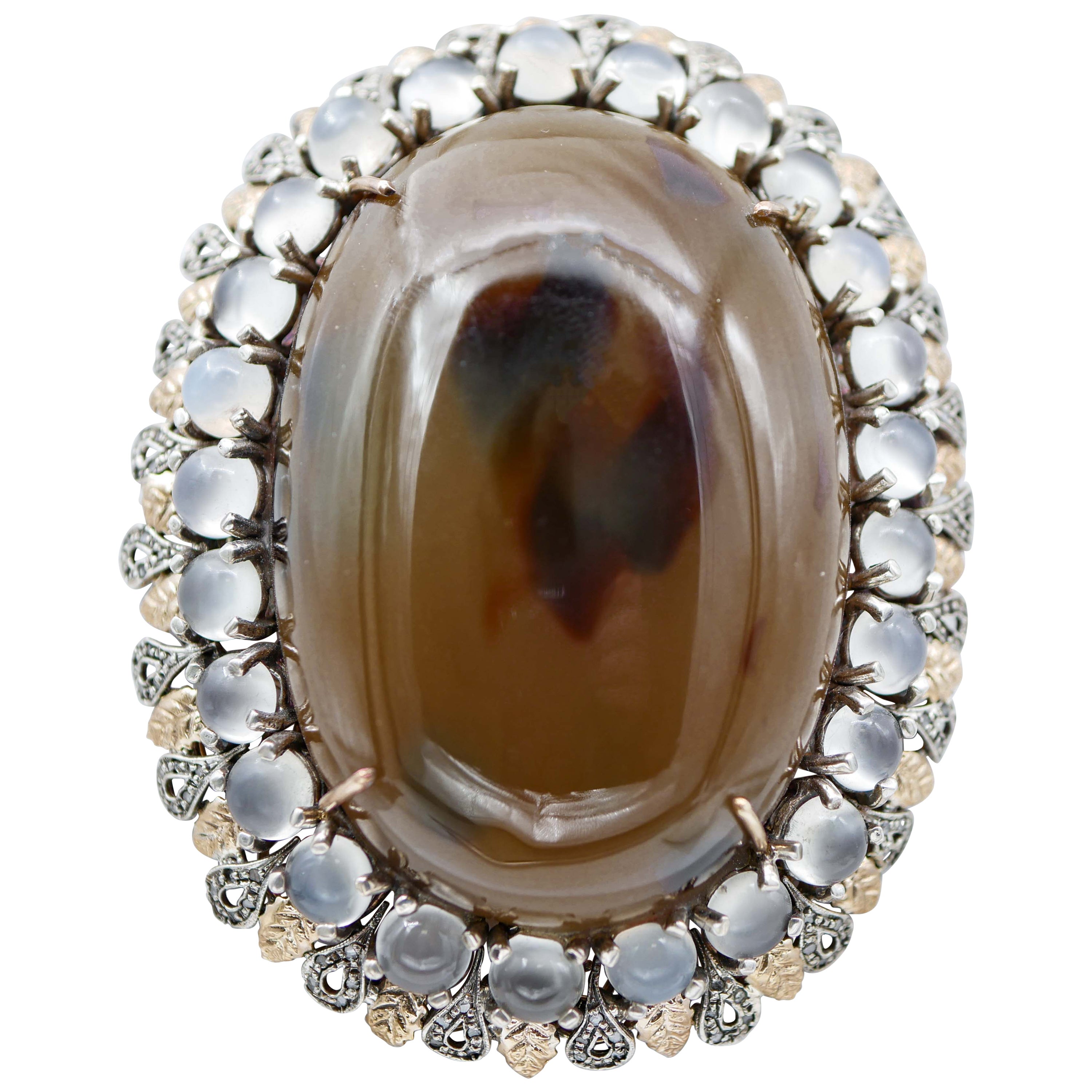 Stone, Moonstones, Diamonds, Rose Gold and Silver Retrò Brooch/Pendant
