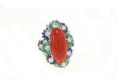 Italian big Coral Multistone and 2, 41 carat Diamond Gold Ring