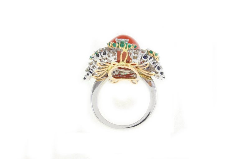 Antique Cushion Cut Italian big Coral Multistone and 2,41 carat Diamond Gold Ring For Sale