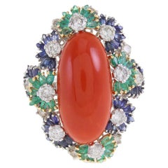 Italian big Coral Multistone and 2, 41 carat Diamond Gold Ring