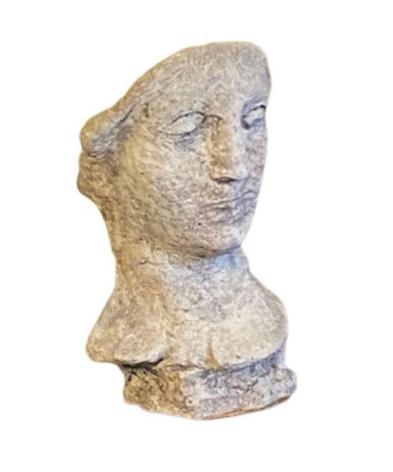 Vintage Stone Neoclassical Bust Garden Sculpture, circa 1920s, a hand sculpted stone dust or cement ancient Grecian style 