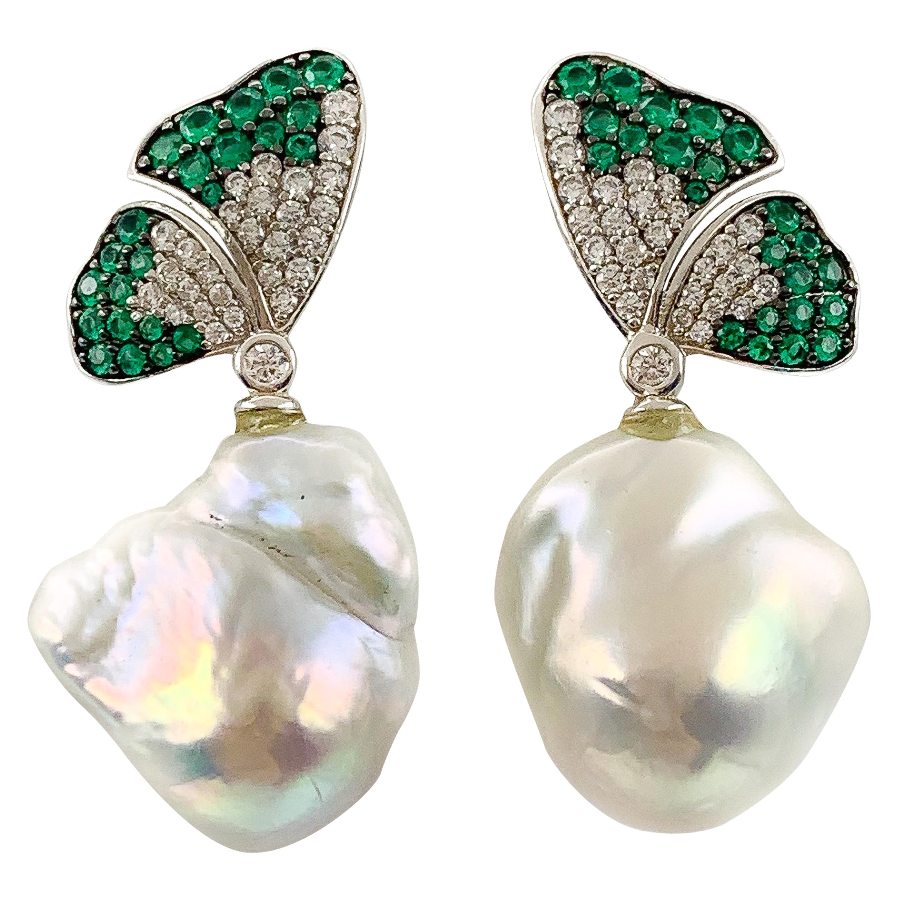 Stone & Pearl Butterfly Pendant Earrings