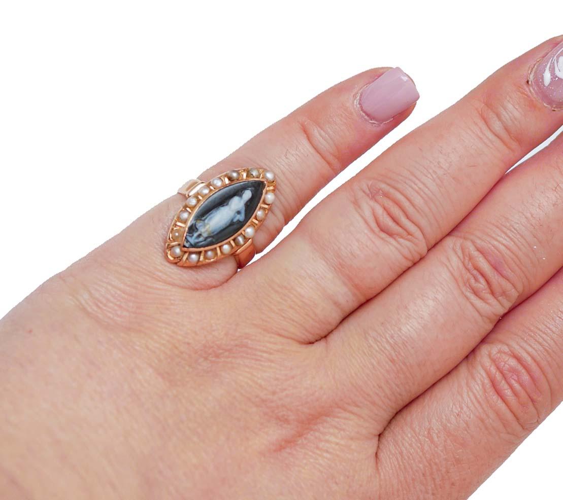 Stone, Pearls, 18 Karat Rose Gold Ring. In condizioni buone in vendita a Marcianise, Marcianise (CE)