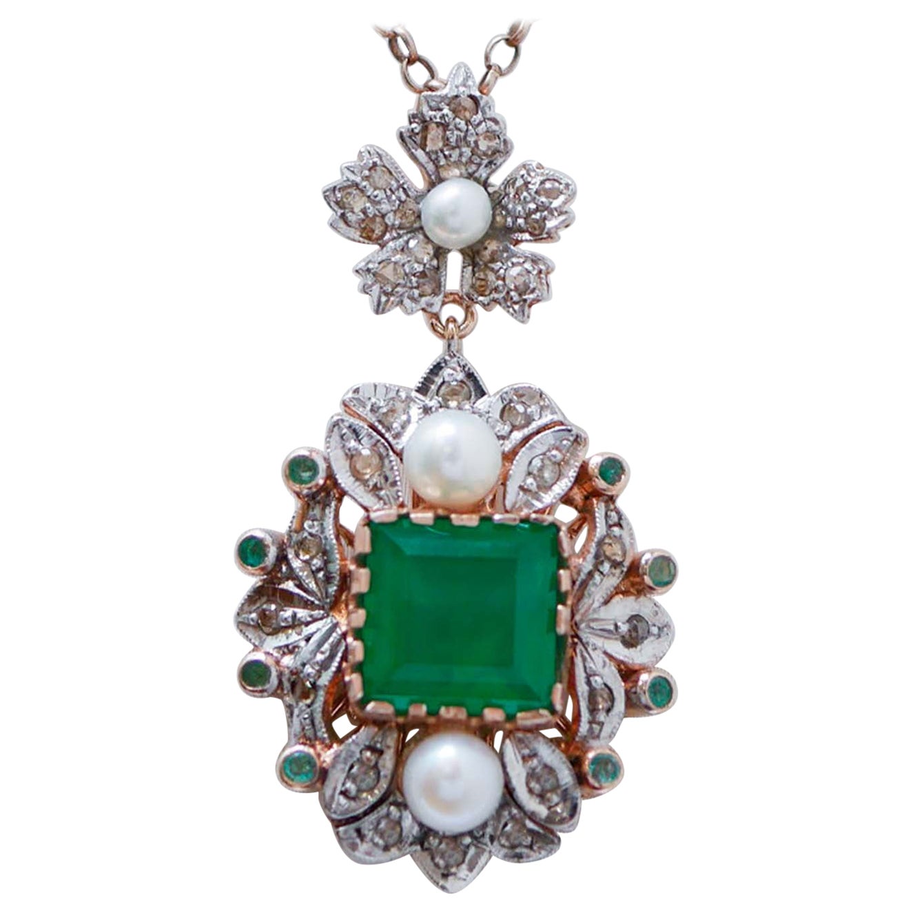 Stone, Pearls, Emeralds, Diamonds, Rose Gold and Silver Pendant.