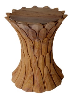 Stone Pedestal Table (Rainbow Teak), Hand-Carved Feather Relief Design