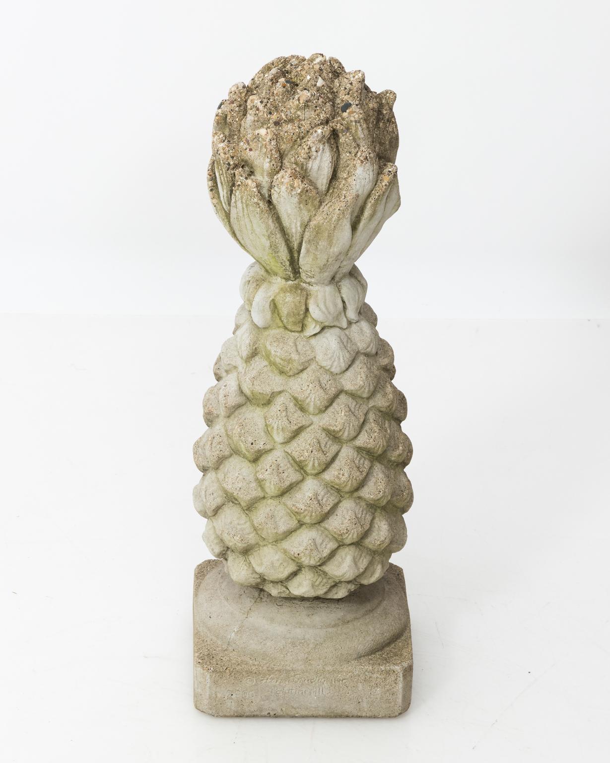 Decorative stone pineapple for the Garden, circa 1980s. Please note of the weathered finish due to exposure to the elements.