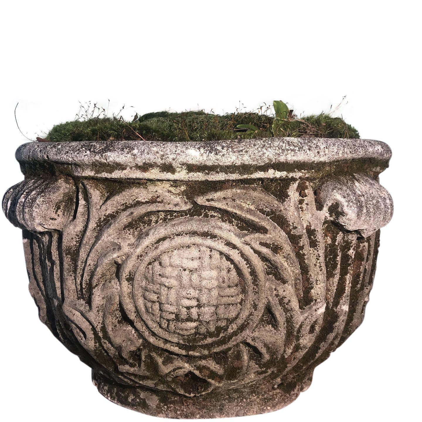 Stone planter with foliate and lattice design, large size.