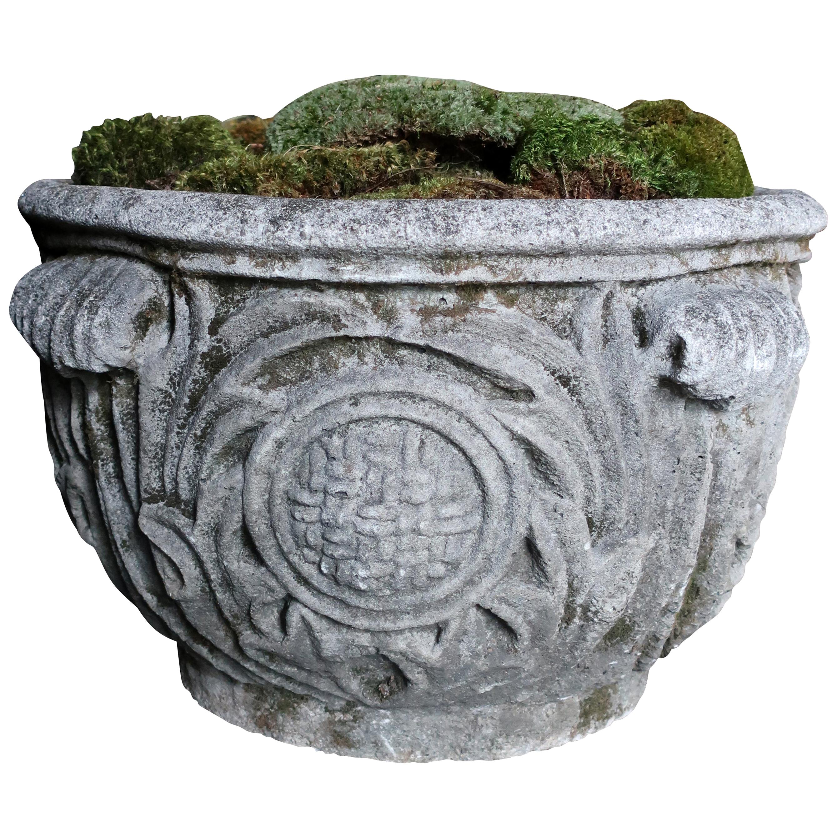 Stone Planter with Foliate and Lattice Design