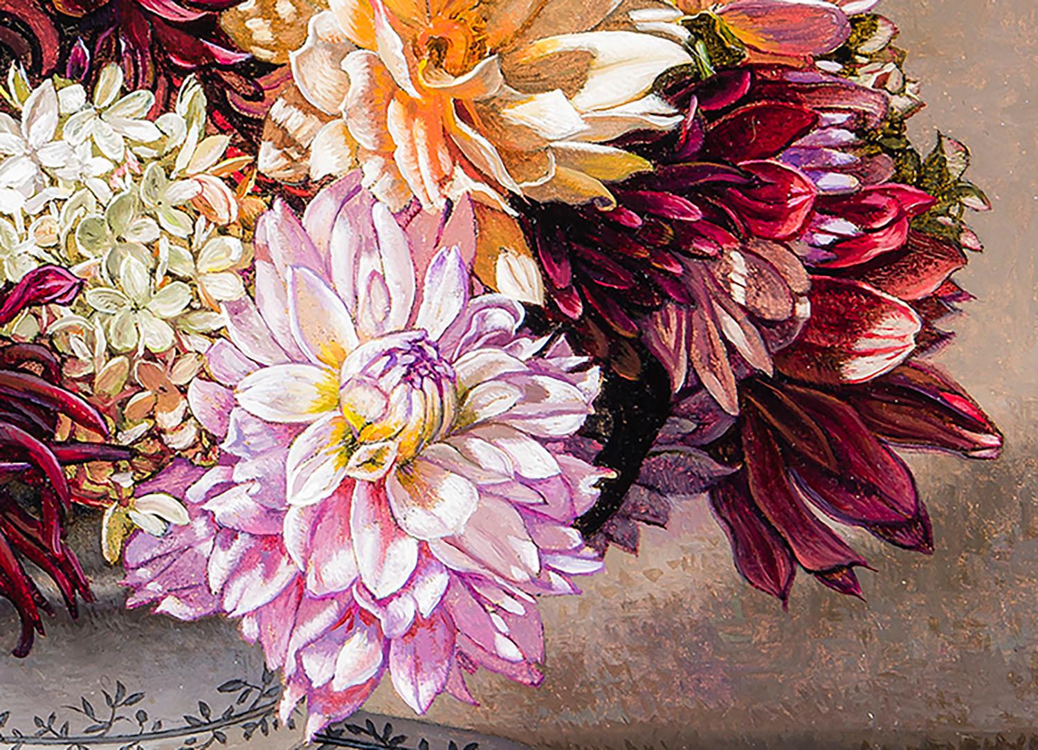 Dahlias and Hydrangeas in Porcelain Terrine  - Painting by Stone Roberts