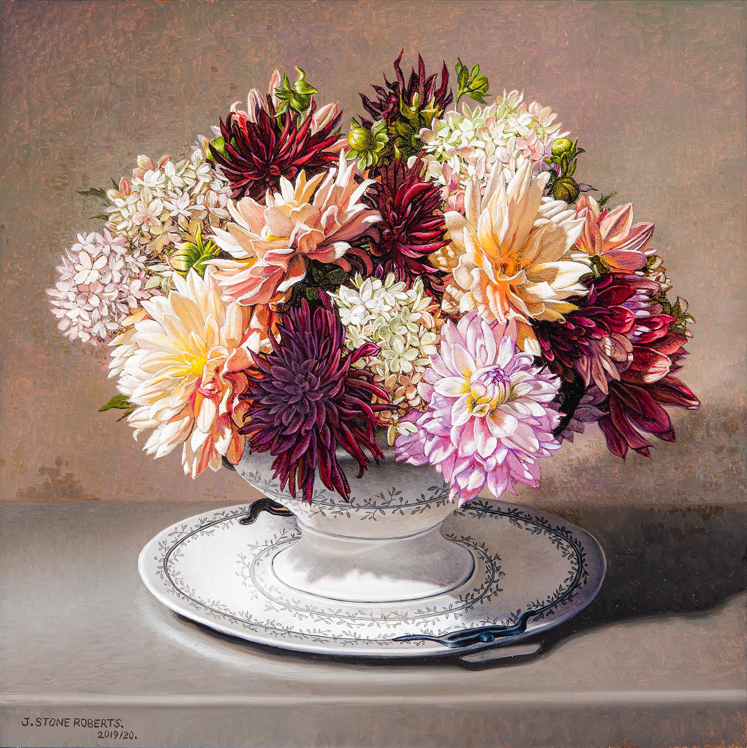 Stone Roberts Still-Life Painting - Dahlias and Hydrangeas in Porcelain Terrine 