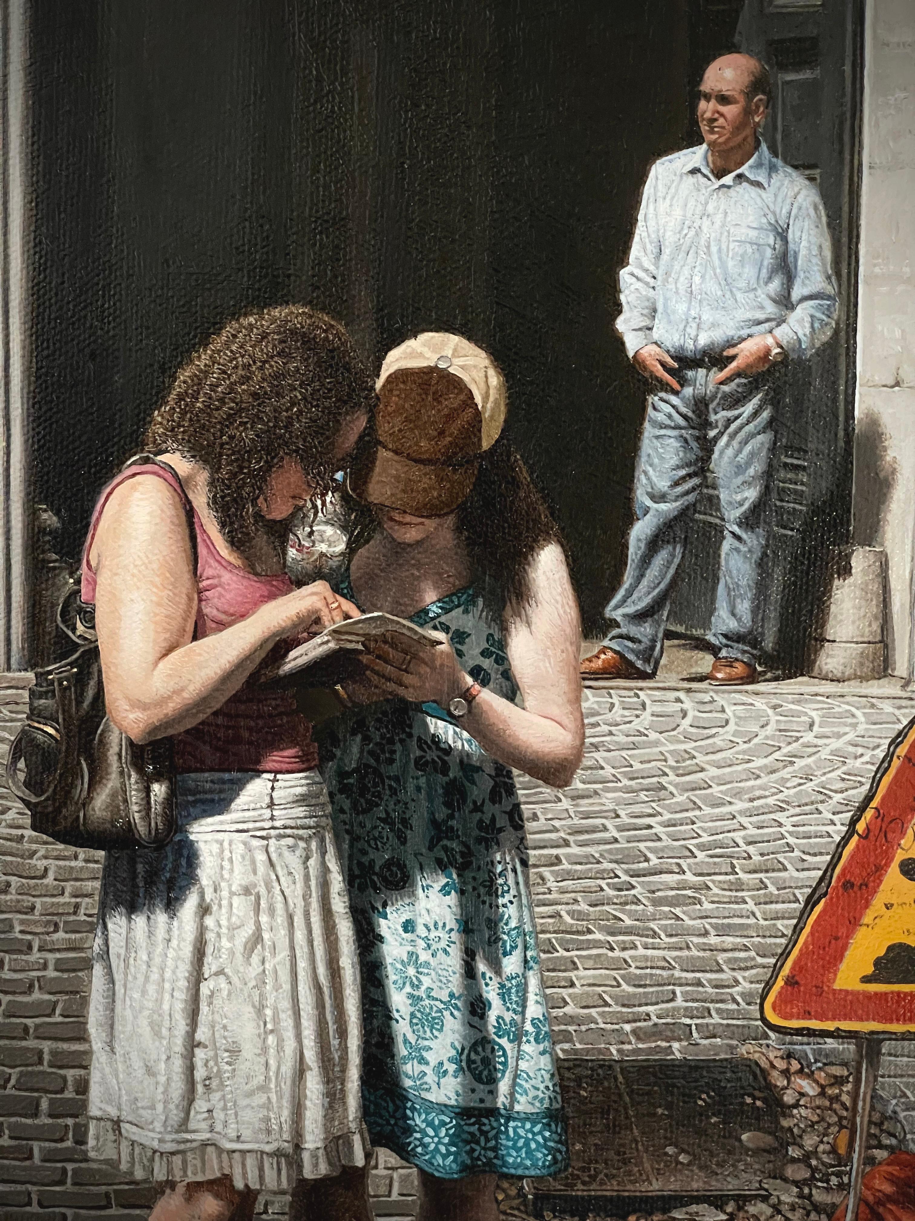 Rome, Italie, paysage urbain figuratif réaliste de deux filles et d'un homme dans une rue romaine - Réalisme Painting par Stone Roberts