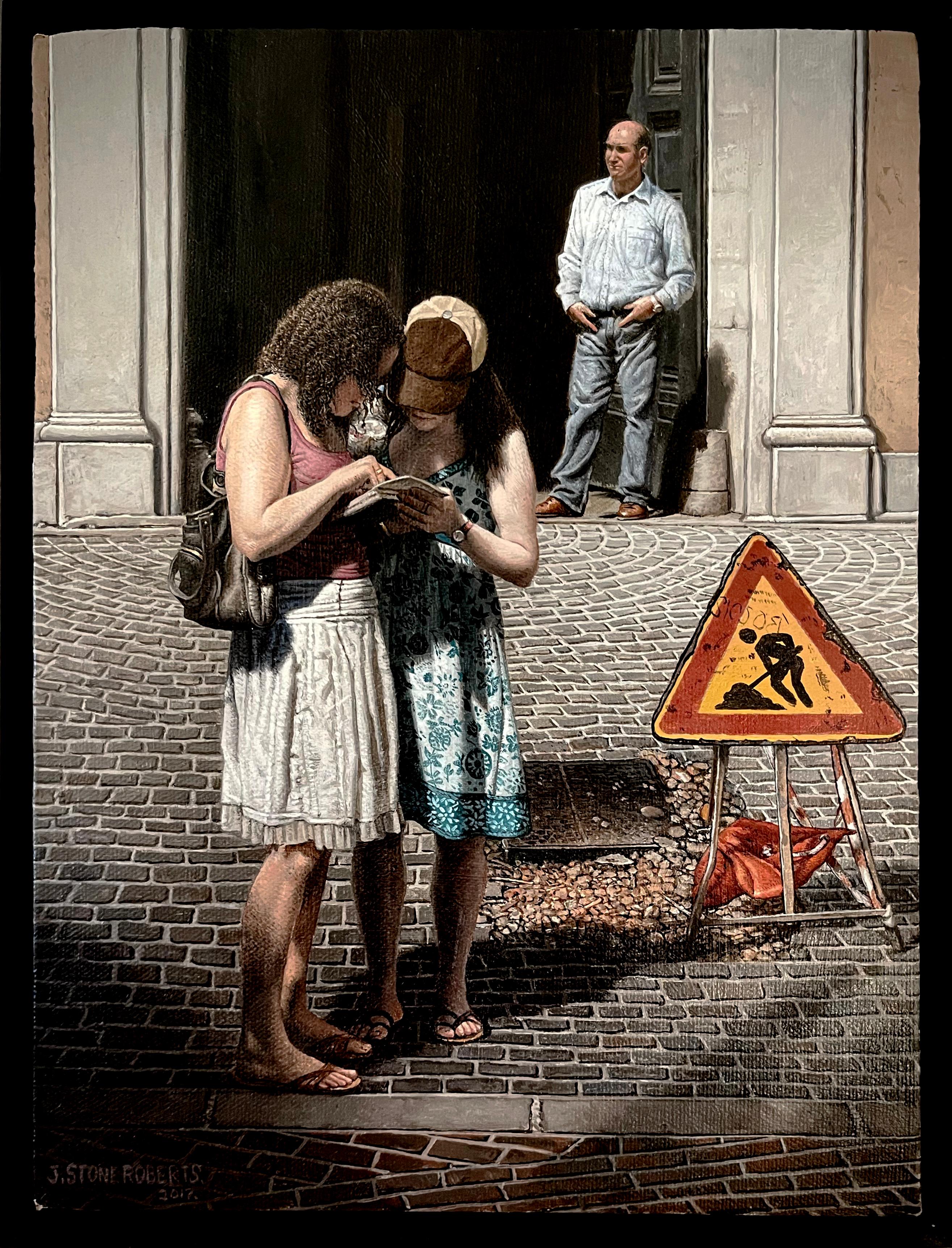 Rome, Italie, paysage urbain figuratif réaliste de deux filles et d'un homme dans une rue romaine - Noir Figurative Painting par Stone Roberts