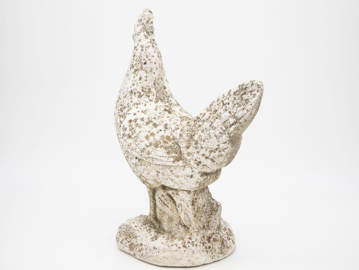 A 20th-century French cast stone rooster garden ornament. White paint. Wear consistent with age and use.