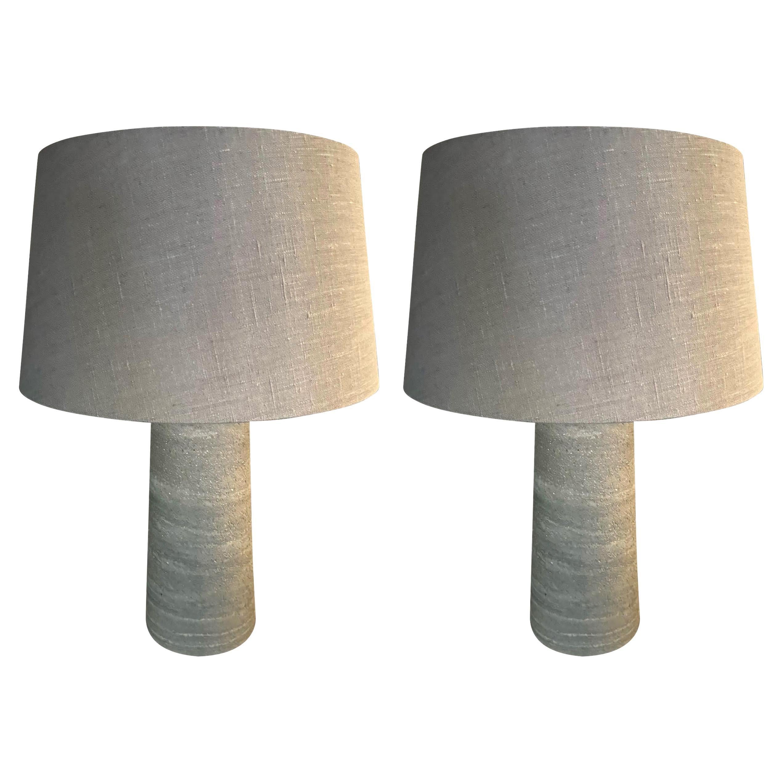 Stone Round Cylinder Shape Base Pair Lamps With Shades, Germany, Contemporary For Sale