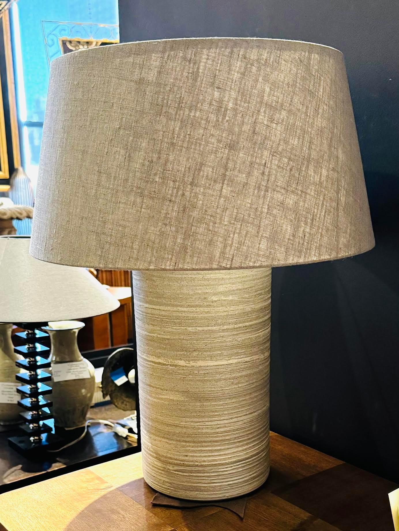 Stone Round Cylinder Shaped Base Pair Lamps With Shades, Germany, Contemporary For Sale 2