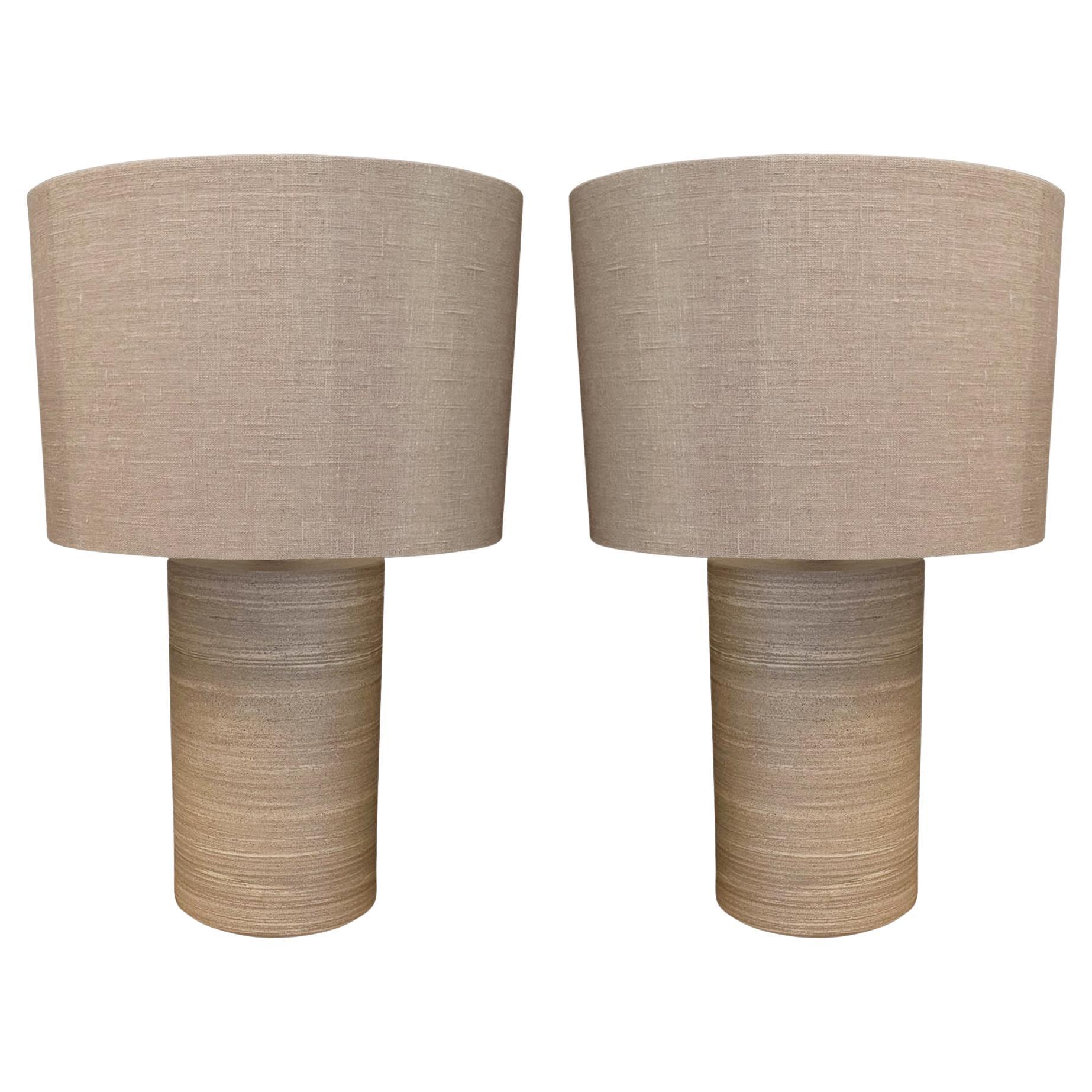 Stone Round Cylinder Shaped Base Pair Lamps With Shades, Germany, Contemporary
