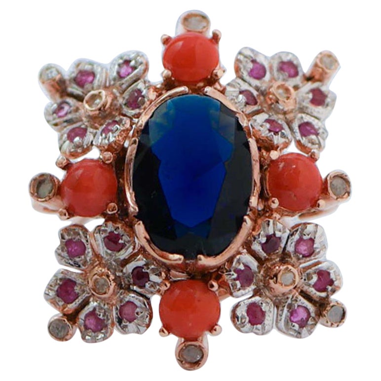 Stone, Rubies, Diamonds, Coral, Rose Gold and Silver Ring. For Sale