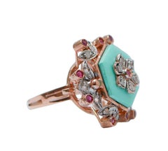 Stone, Rubies, Diamonds, Rose Gold and Silver Ring.