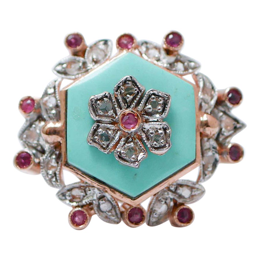 Stone, Rubies, Diamonds, Rose Gold and Silver Ring.