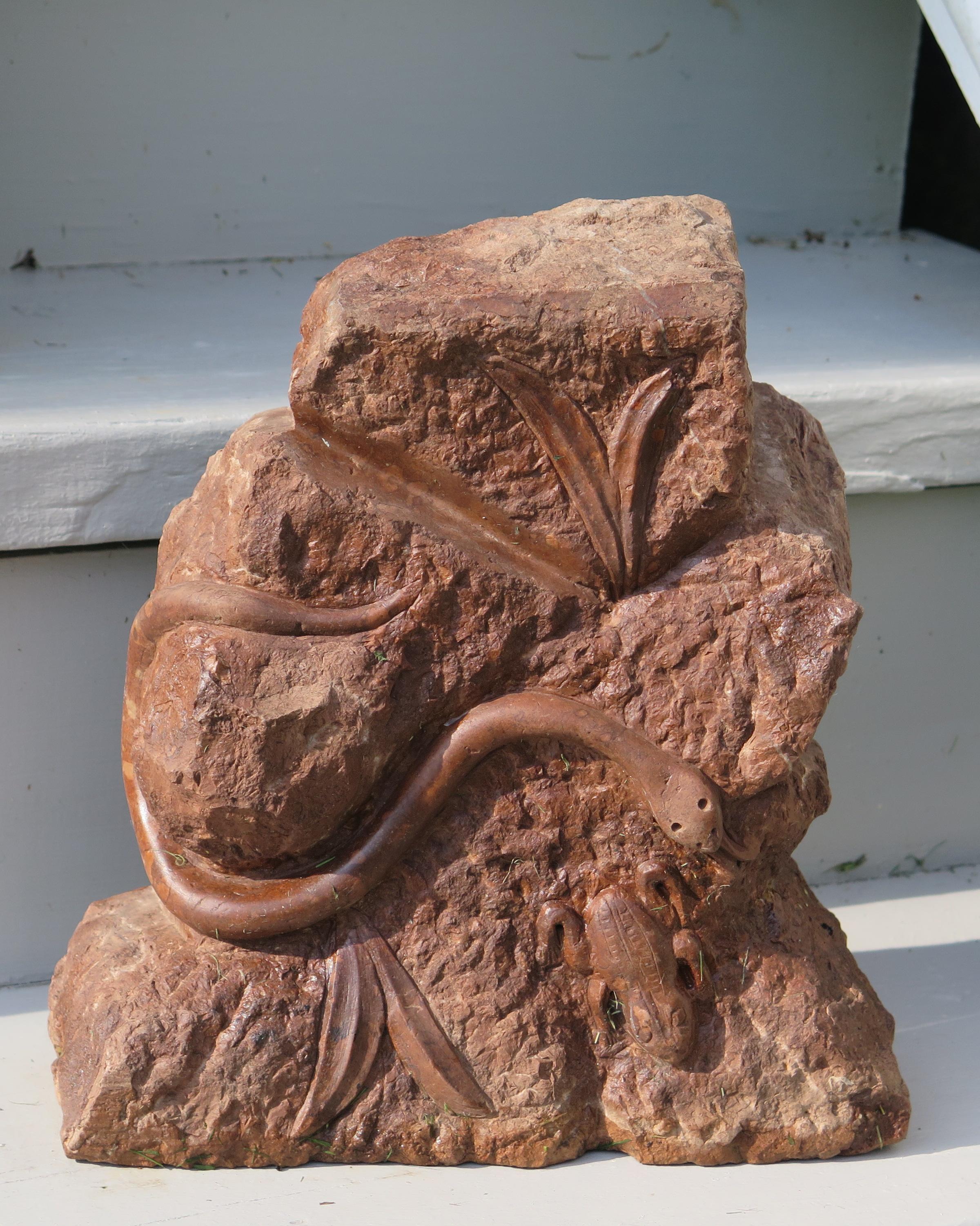 Folk Art Stone Sculpture of Snake and Frog For Sale