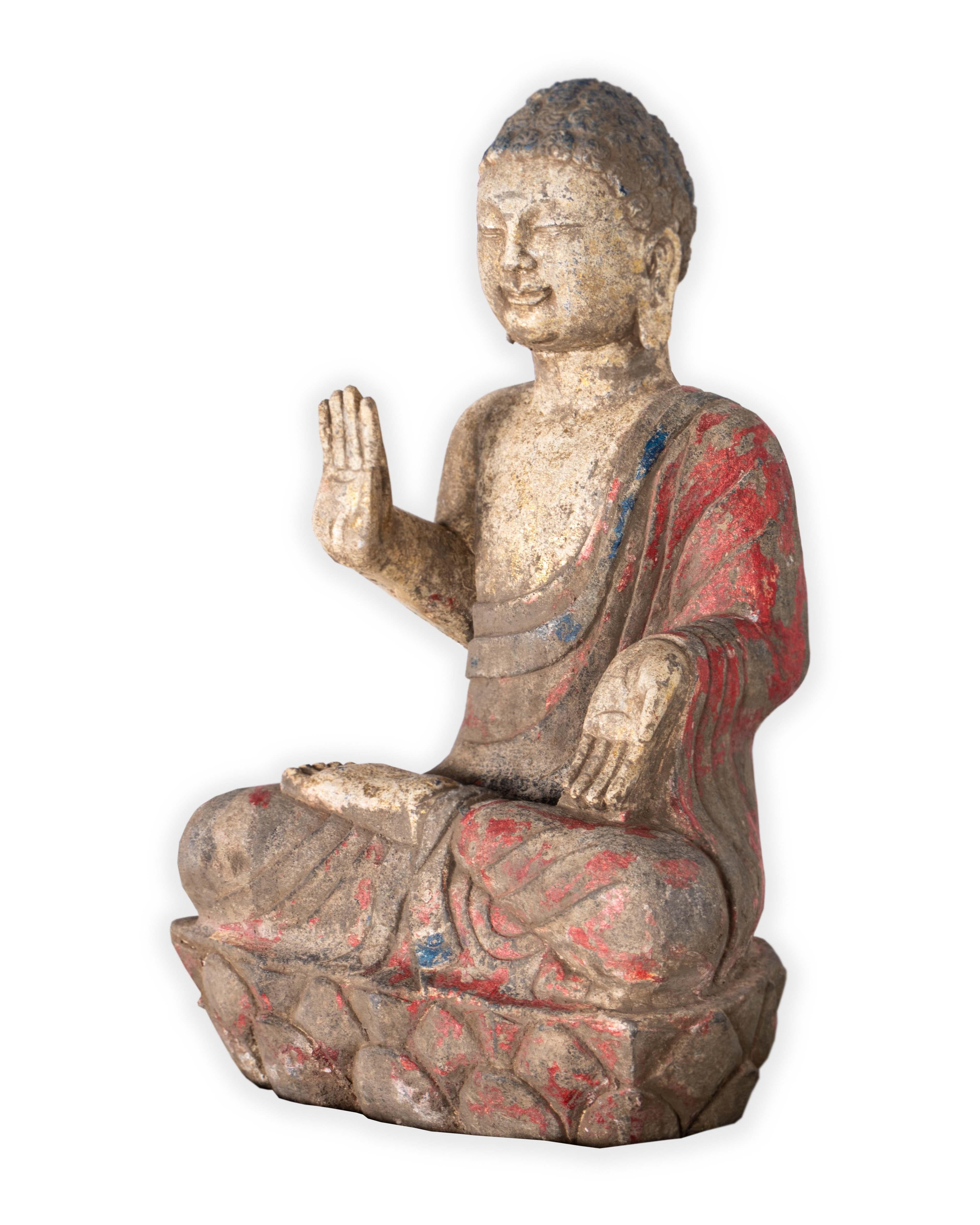Organic Modern Stone Seated Buddha with Pigmented Decoration