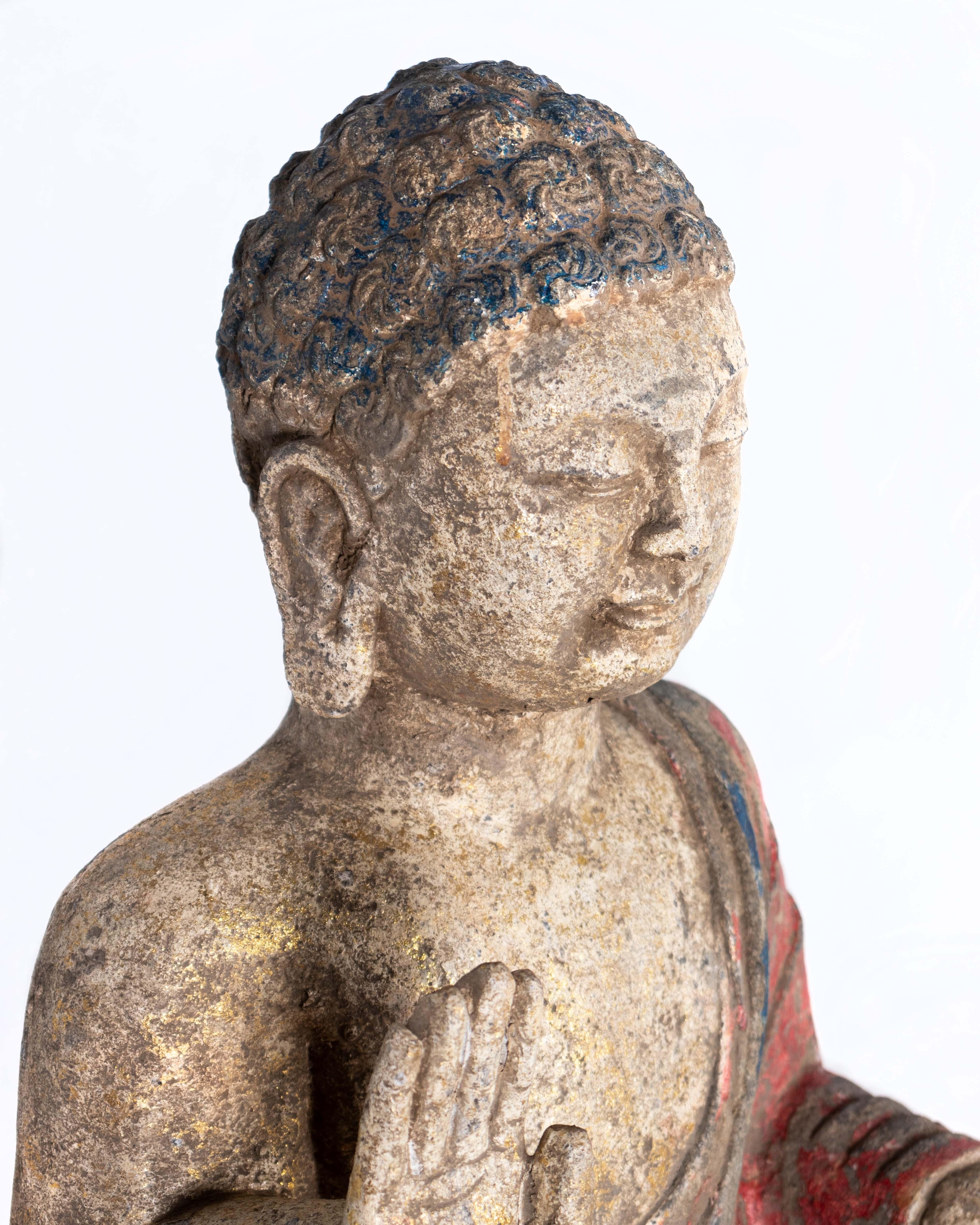 European Stone Seated Buddha with Pigmented Decoration