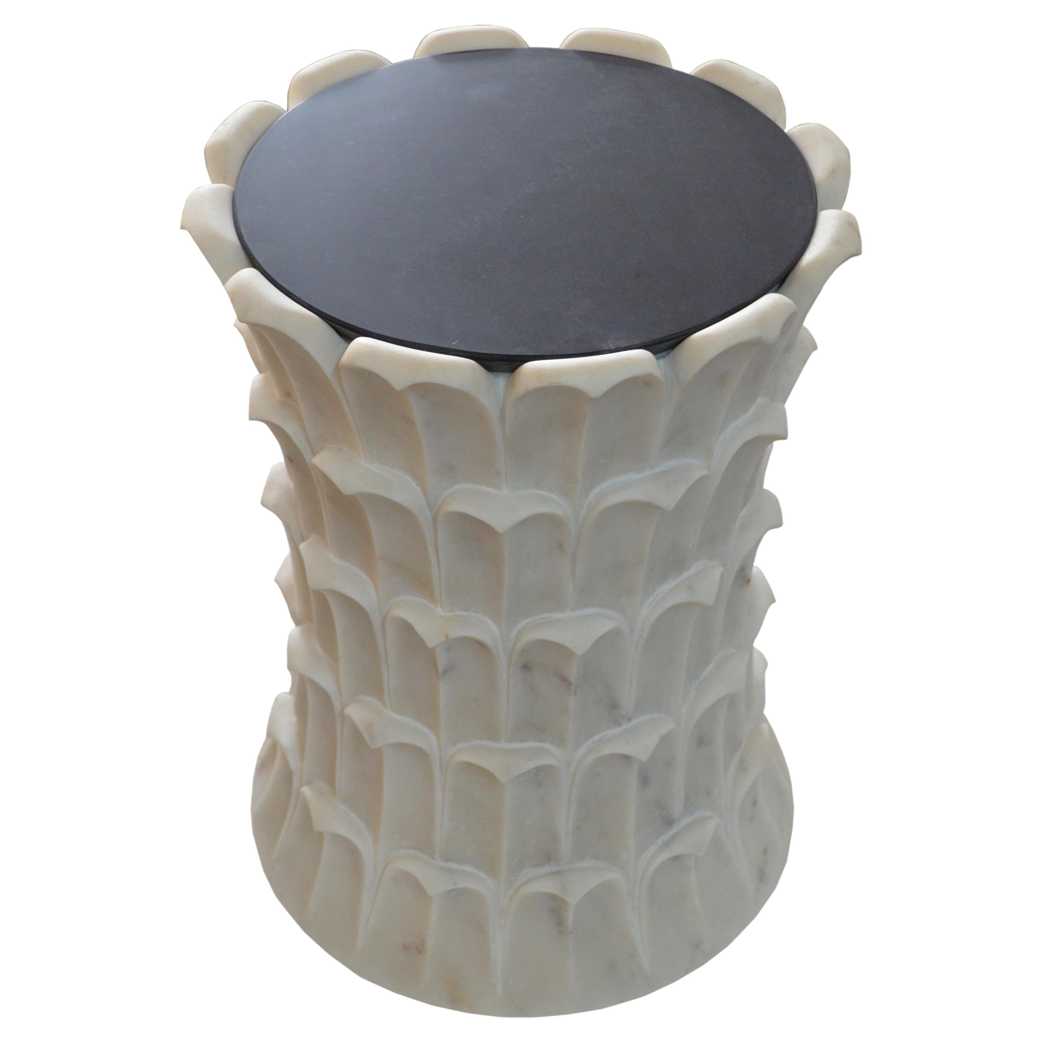 Stone Side Table (White Marble), Hand-Carved Date Palm Accent Table