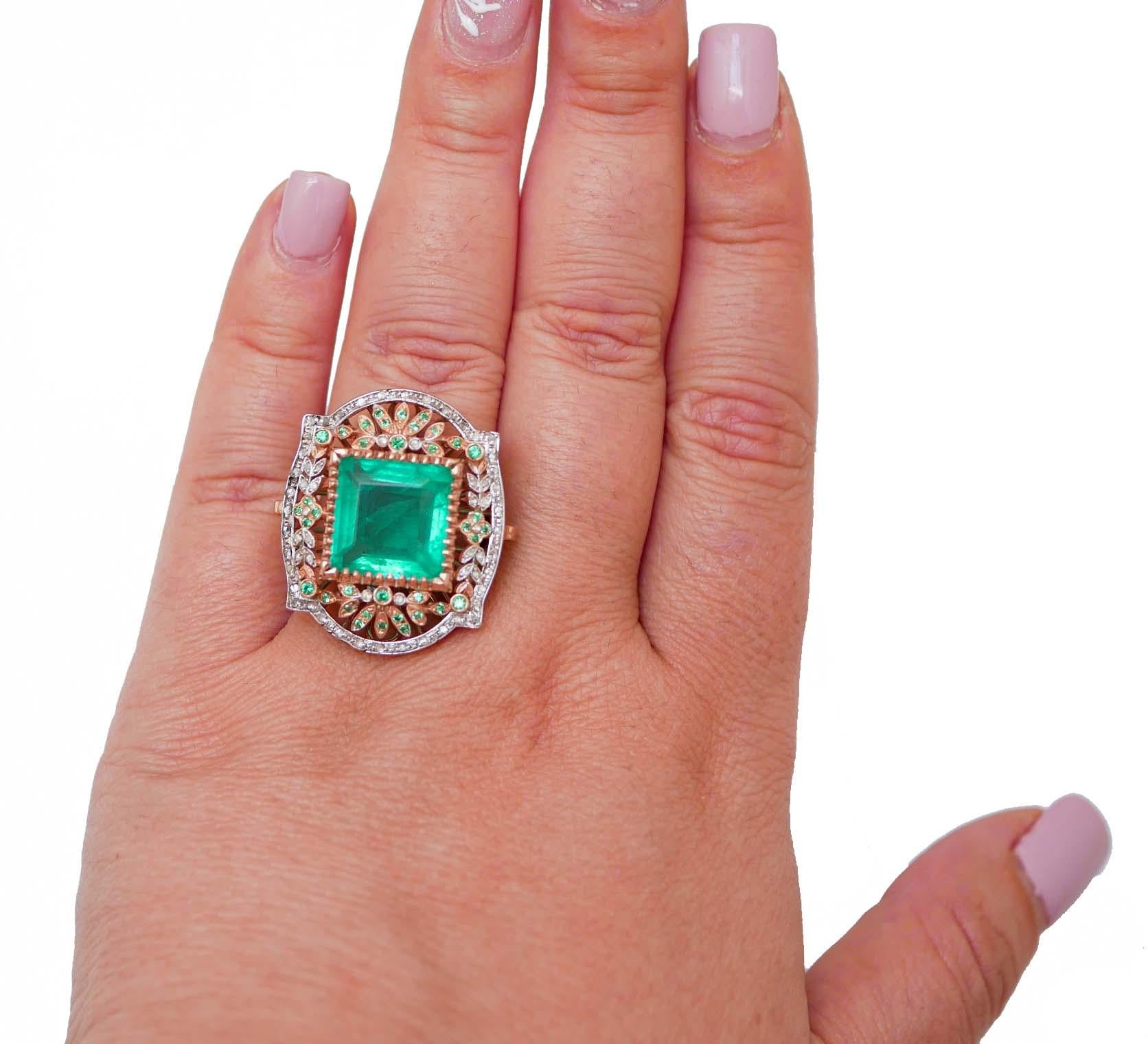 Taglio misto Stone, Spinel, Diamonds, Rose Gold and Silver Ring. in vendita