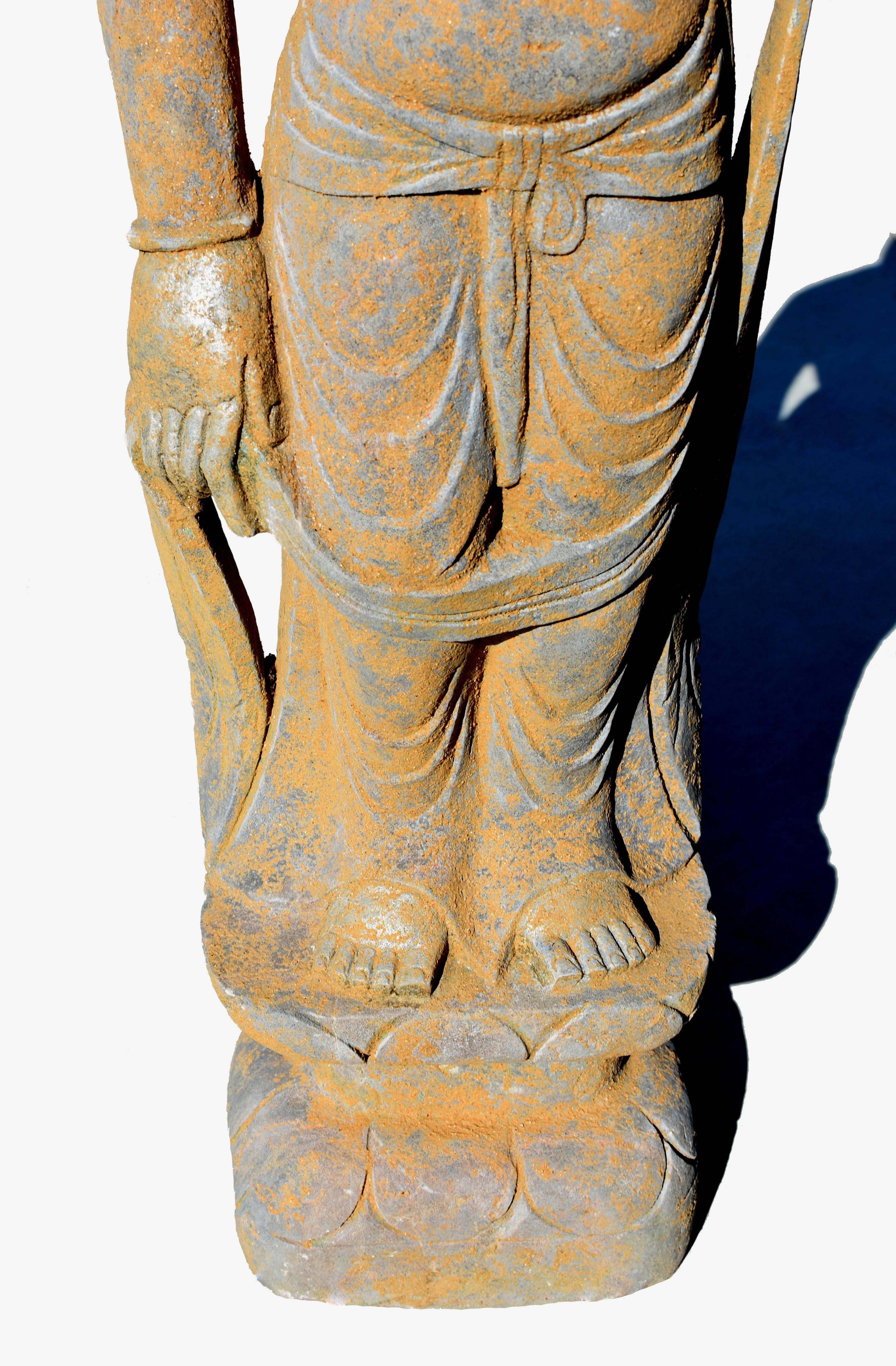 Hand-Carved Stone Standing Buddha Guan Yin Silk Road Tang Style For Sale