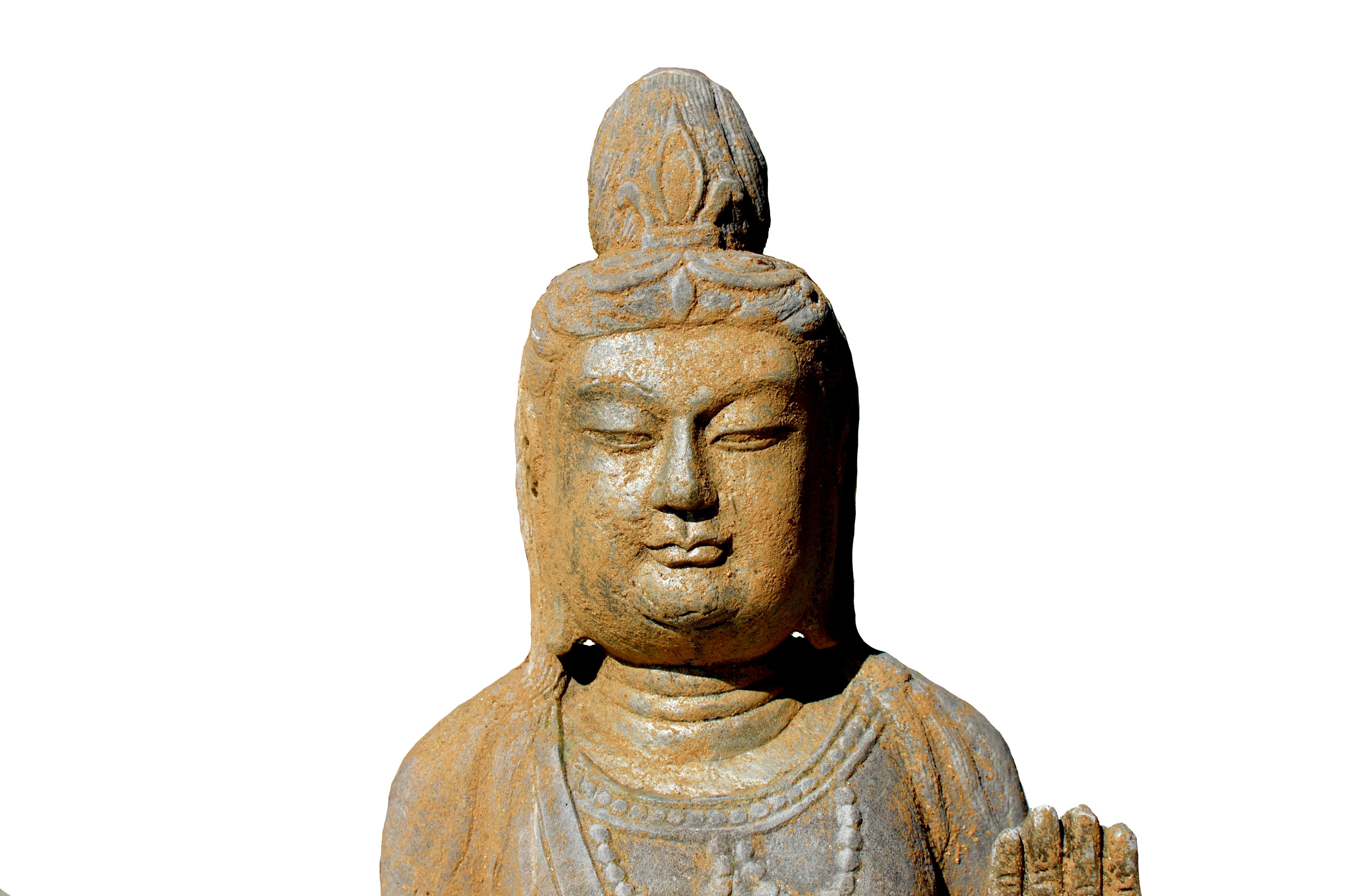 Stone Standing Buddha Guan Yin Silk Road Tang Style In Good Condition For Sale In Somis, CA