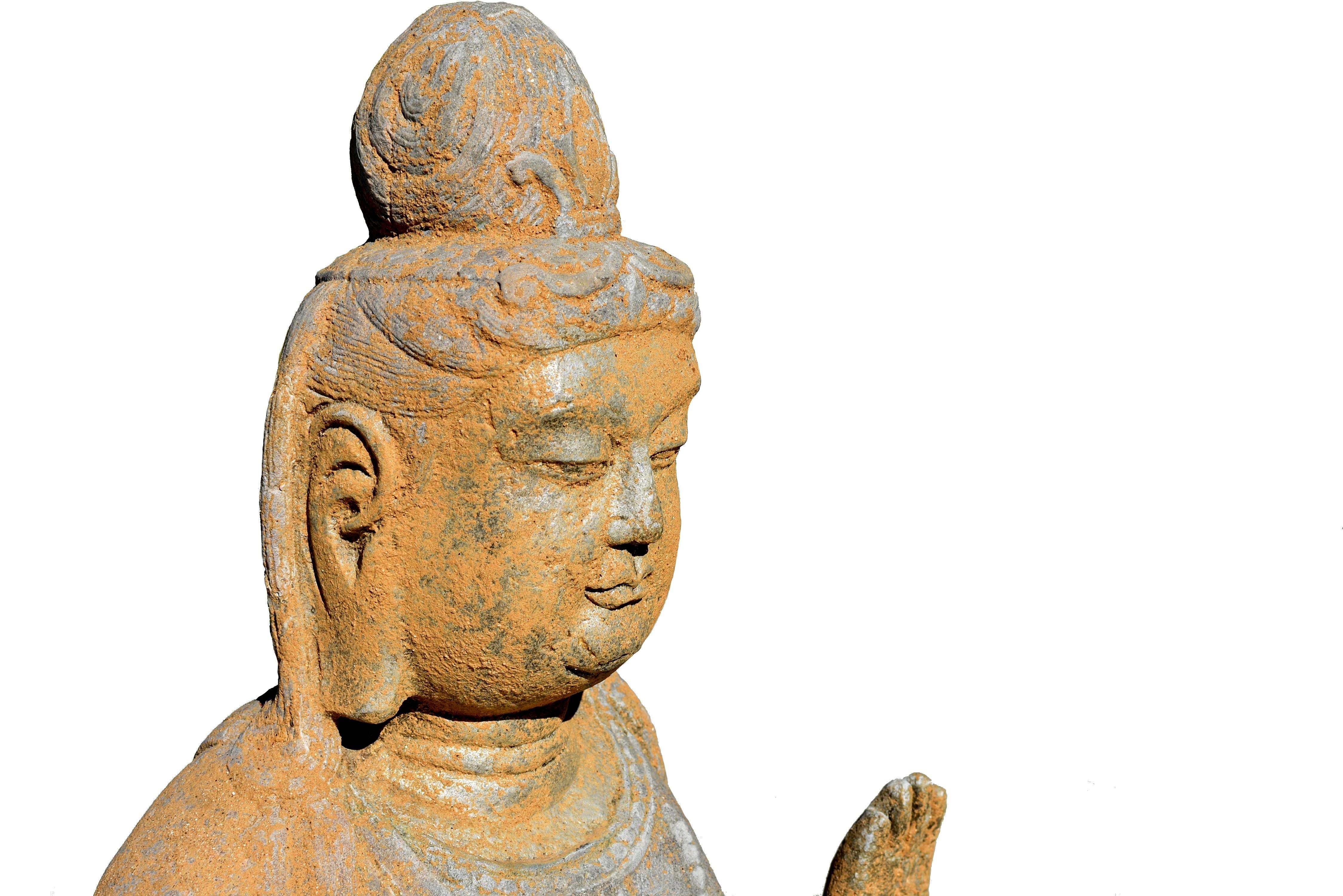 Stone Standing Buddha Guan Yin Silk Road Tang Style In Good Condition For Sale In Somis, CA