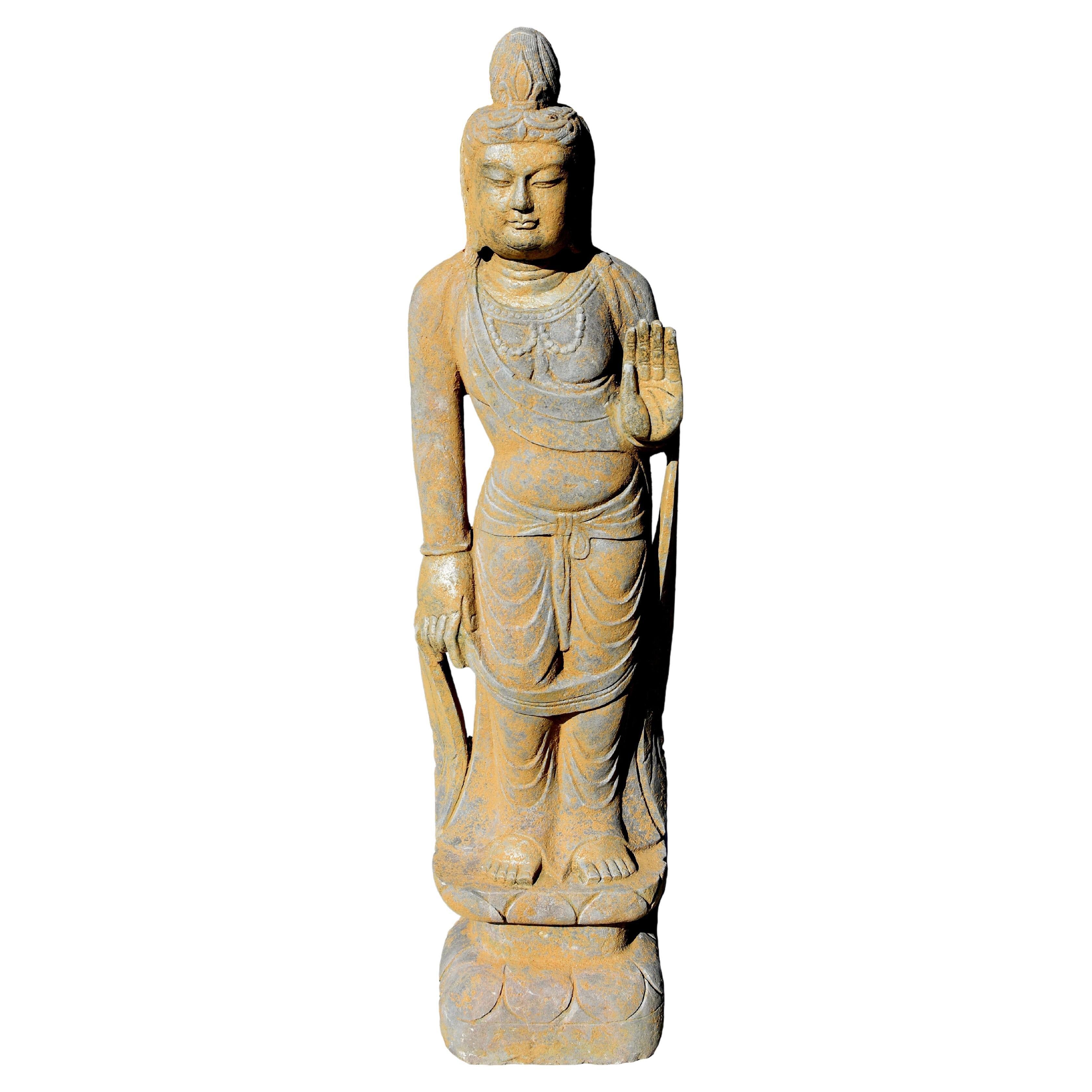 Stone Standing Buddha Guan Yin Silk Road Tang Style For Sale