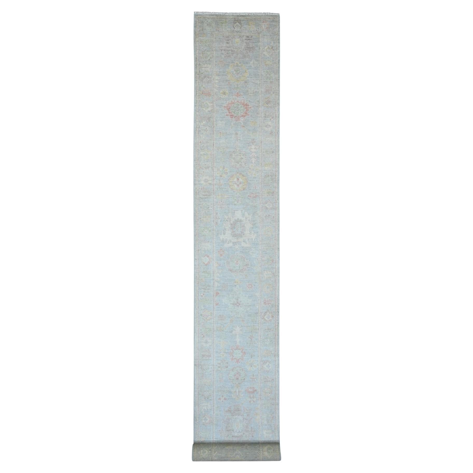 Stone Stone Blau 100% Wolle Angora Oushak Leaf Design Handgeknüpft Läufer Teppich im Angebot