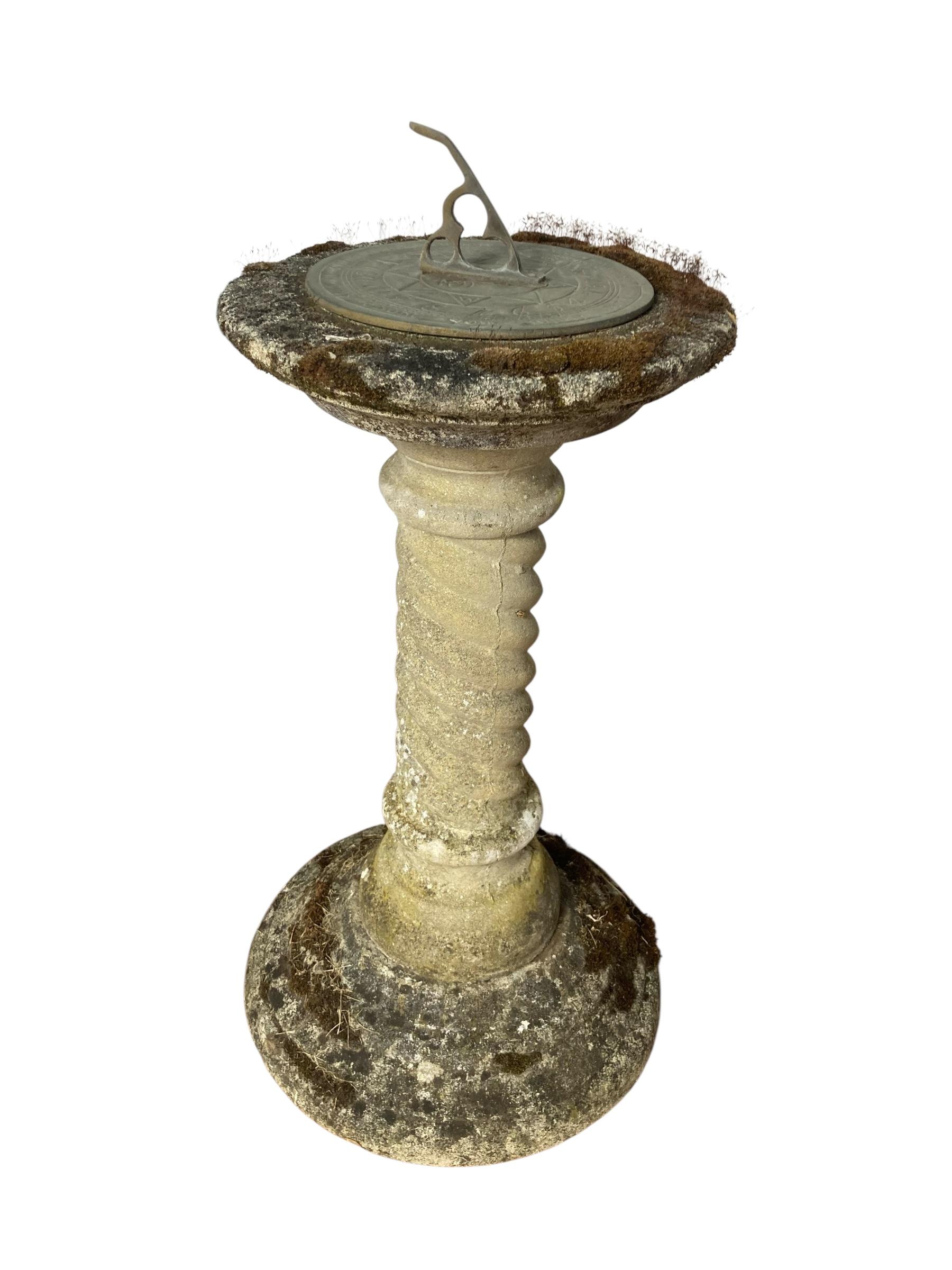 Country Stone Sundial with Barley Twist Stlyle Column with Natural Patina Inscribed Word For Sale