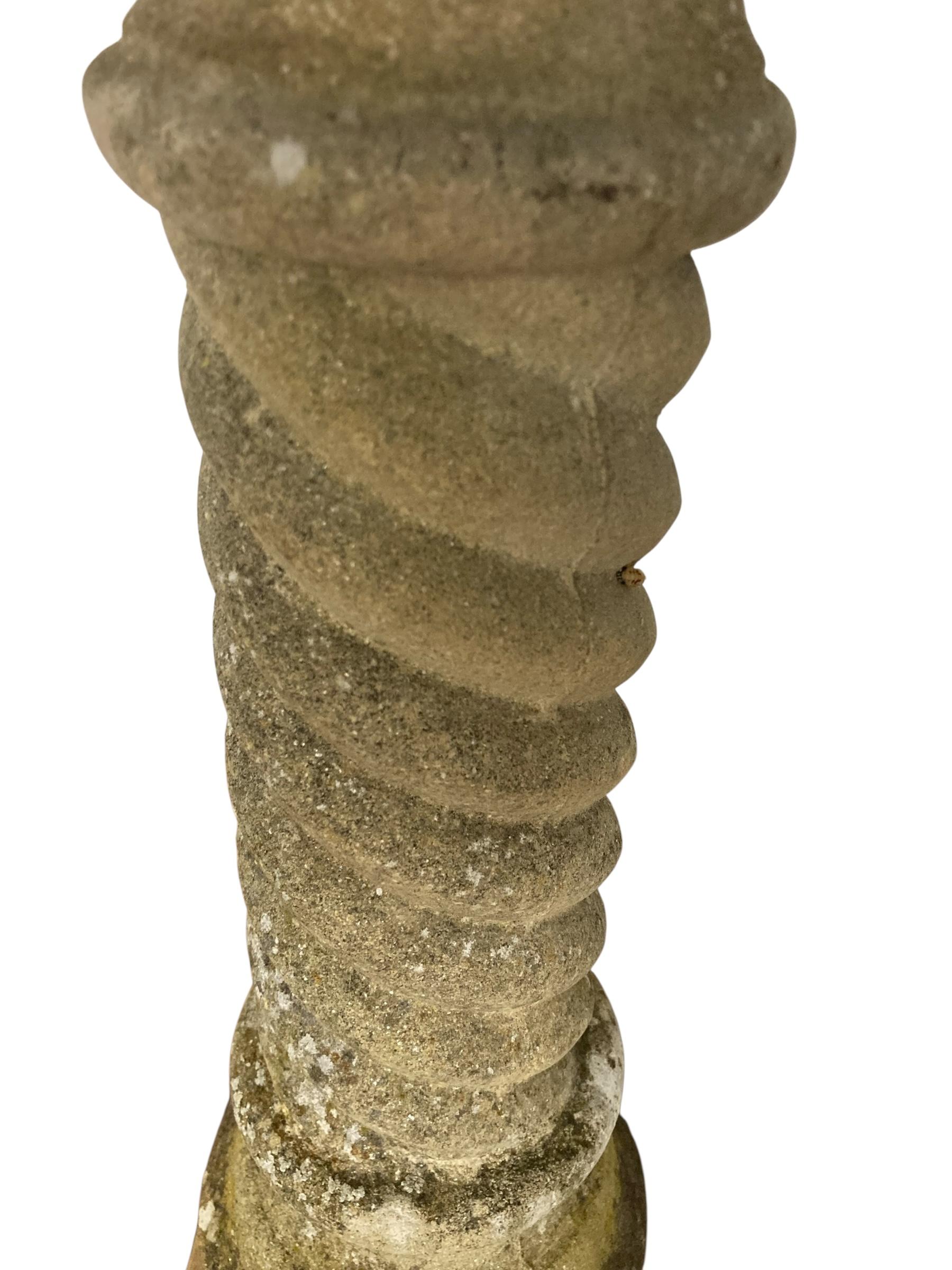 British Stone Sundial with Barley Twist Stlyle Column with Natural Patina Inscribed Word For Sale