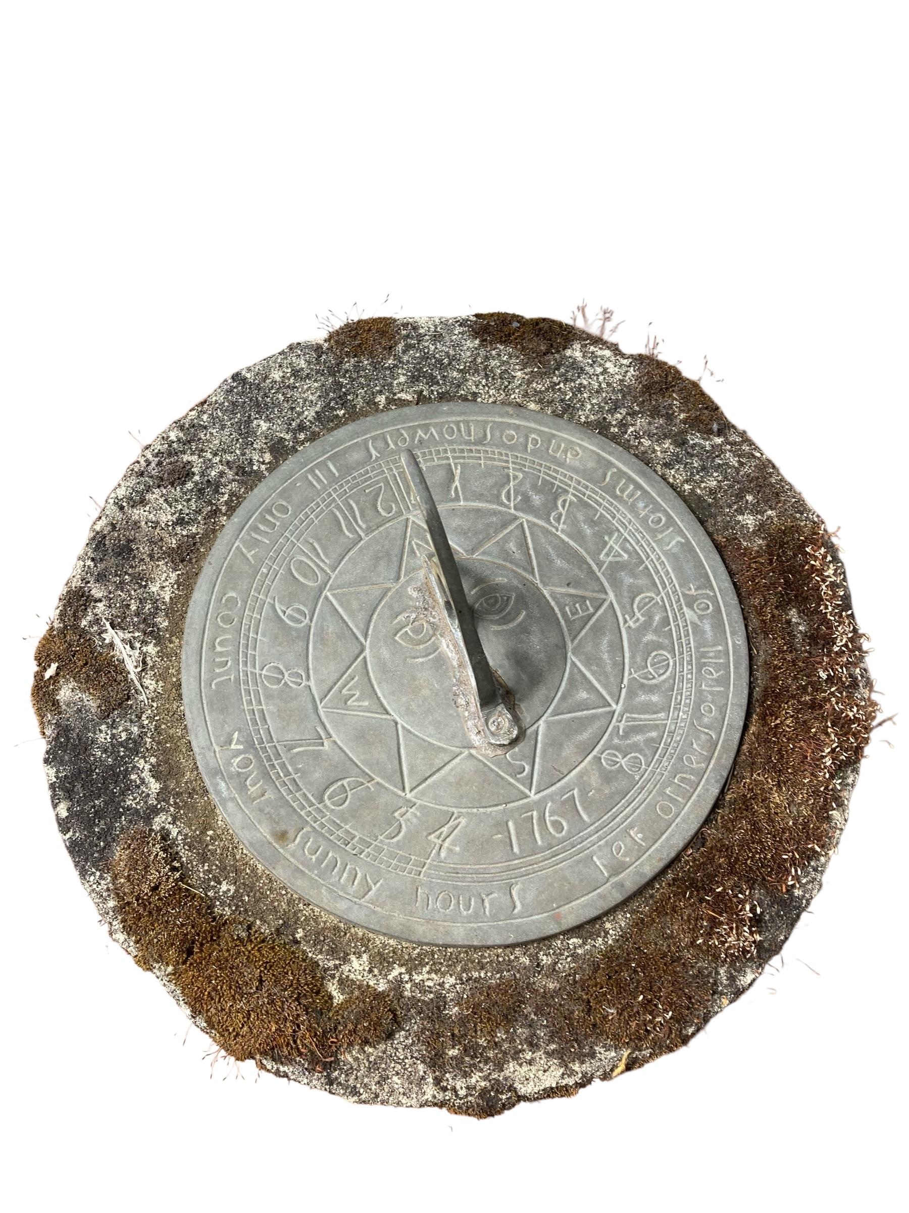 20th Century Stone Sundial with Barley Twist Stlyle Column with Natural Patina Inscribed Word For Sale